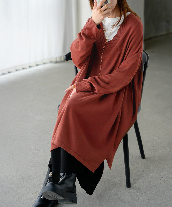 ニット ロング Vネック レディース トップス チュニック セーター オーバー プルオーバー 長袖 ドルマン ドルマンスリーブ ポケット スリット チクチクしない | HUG.U | 03