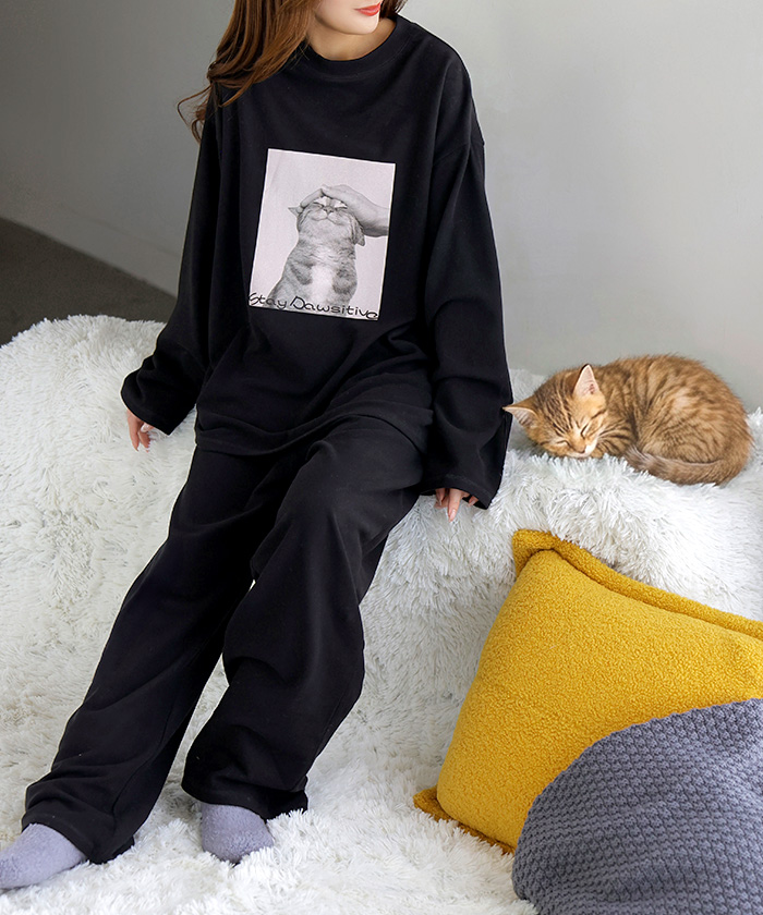 ルームウェア 体感＋3.2℃ 腹巻 付き 猫 プリント レディース パジャマ ロング 吸湿発熱 パンツ トップス ロンT 長袖 部屋着 セットアップ はらまき あったか | HUG.U | 02