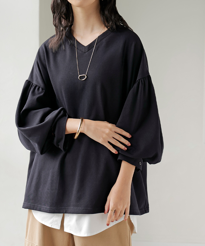 カットソー ロンT Vネック ぽわん袖 レディース トップス ロング Tシャツ ティーシャツ カフス 綿 長袖 長い トレーナー ボリュームスリーブ リブ | HUG.U | 06