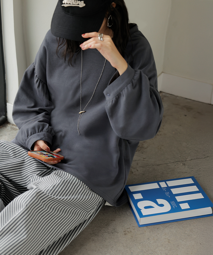 カットソー ロンT Vネック ぽわん袖 レディース トップス ロング Tシャツ ティーシャツ カフス 綿 長袖 長い トレーナー ボリュームスリーブ リブ | HUG.U | 02