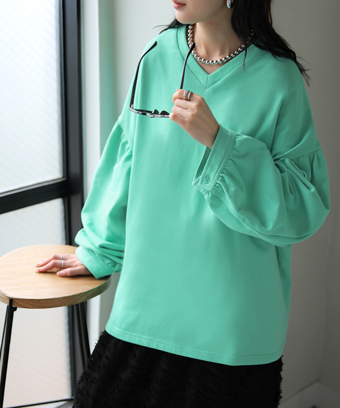 カットソー ロンT Vネック ぽわん袖 レディース トップス ロング Tシャツ ティーシャツ カフス 綿 長袖 長い トレーナー ボリュームスリーブ リブ | HUG.U | 04