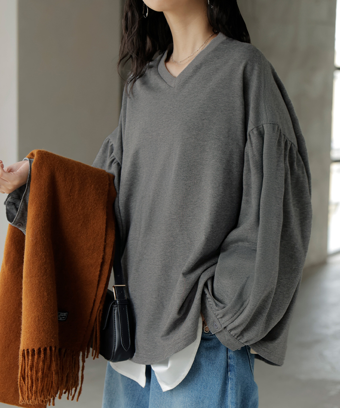 カットソー ロンT Vネック ぽわん袖 レディース トップス ロング Tシャツ ティーシャツ カフス 綿 長袖 長い トレーナー ボリュームスリーブ リブ | HUG.U | 03