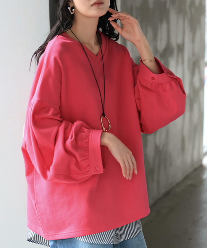 カットソー ロンT Vネック ぽわん袖 レディース トップス ロング Tシャツ ティーシャツ カフス 綿 長袖 長い トレーナー ボリュームスリーブ リブ | HUG.U | 05