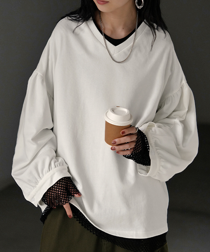 カットソー ロンT Vネック ぽわん袖 レディース トップス ロング Tシャツ ティーシャツ カフス 綿 長袖 長い トレーナー ボリュームスリーブ リブ | HUG.U | 01