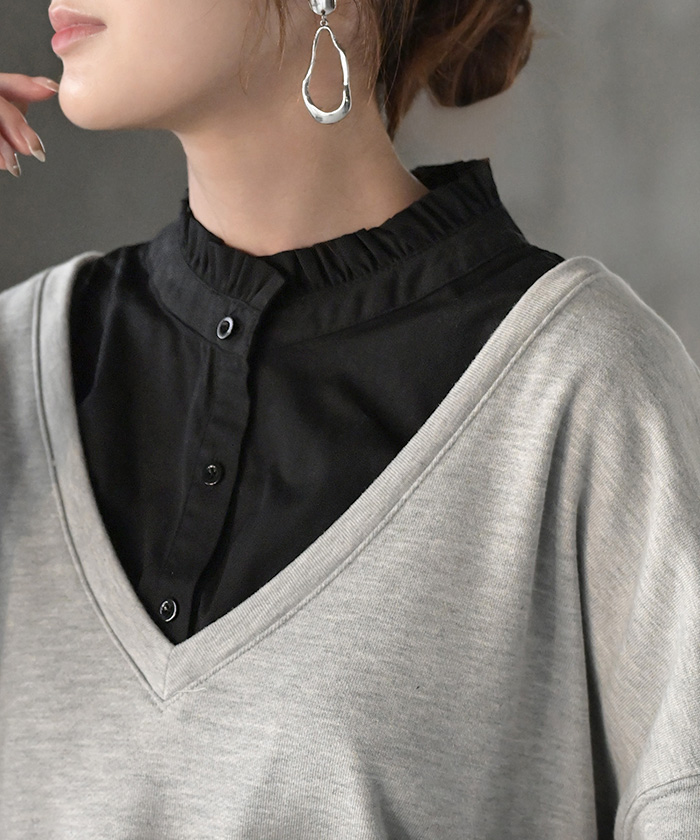 つけ襟 レイヤード シャツ 風 ブラウス レディース フリル 重ね着 チェック 無地 チェックシャツ 付け襟 襟 綿100％ ハイネック スタンドカラー ディッキー | HUG.U | 08