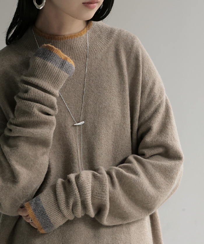ニット 配色 トップス ロング レディース セーター オーバー プルオーバー タートルネック ハイネック 長袖 長い 指穴 リブ チュニック ゆったり インナー | HUG.U | 01