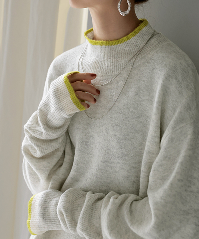 ニット 配色 トップス ロング レディース セーター オーバー プルオーバー タートルネック ハイネック 長袖 長い 指穴 リブ チュニック ゆったり インナー | HUG.U | 02