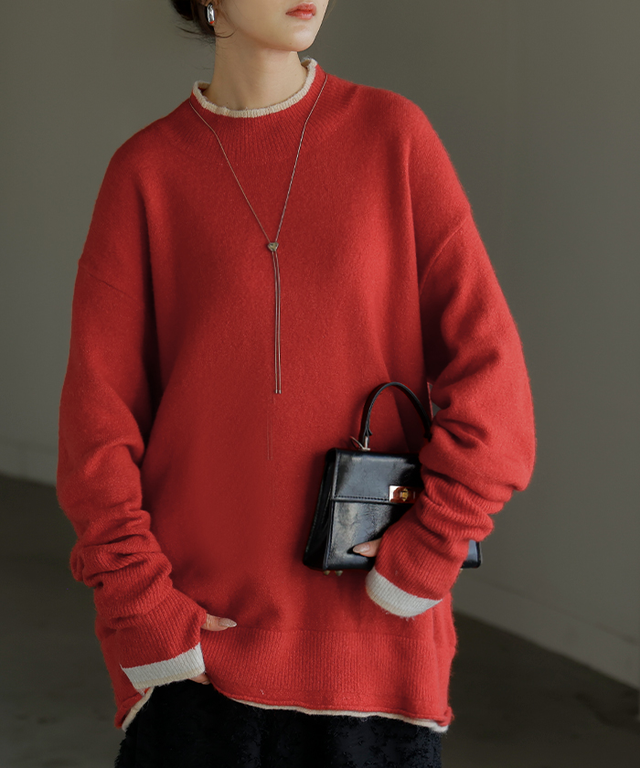 ニット 配色 トップス ロング レディース セーター オーバー プルオーバー タートルネック ハイネック 長袖 長い 指穴 リブ チュニック ゆったり インナー | HUG.U | 03