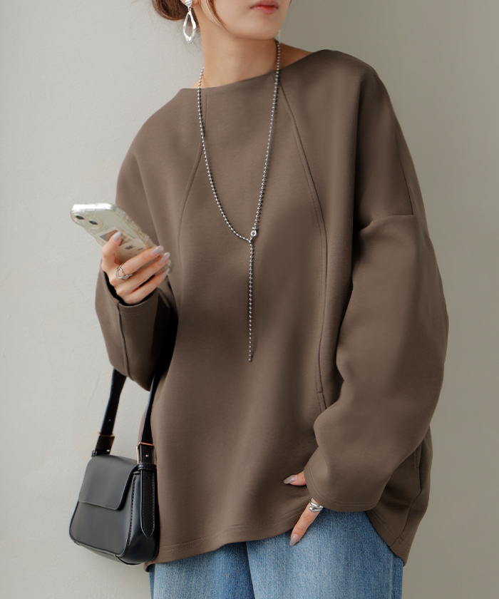 トップス プルオーバー ダンボール レディース ロング カットソー シワになりにくい 無地 長袖 ボートネック 軽い イージーケア ノンアイロン 保温性 | HUG.U | 02