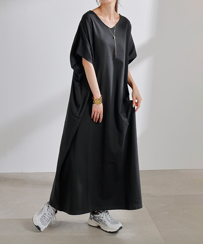 ワンピース ロング 半袖 汗ジミ 軽減 UVカット ワンピ 選べる ネック レディース 綿100％ ロングワンピース | HUG.U | 06