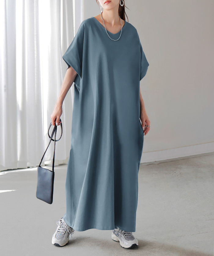 ワンピース ロング 半袖 汗ジミ 軽減 UVカット ワンピ 選べる ネック レディース 綿100％ ロングワンピース | HUG.U | 02