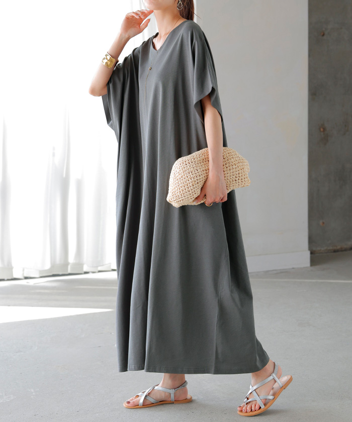 ワンピース ロング 半袖 汗ジミ 軽減 UVカット ワンピ 選べる ネック レディース 綿100％ ロングワンピース | HUG.U | 04