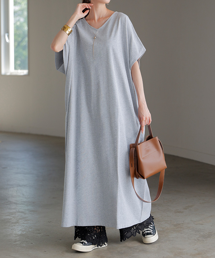 ワンピース ロング 半袖 汗ジミ 軽減 UVカット ワンピ 選べる ネック レディース 綿100％ ロングワンピース | HUG.U | 03