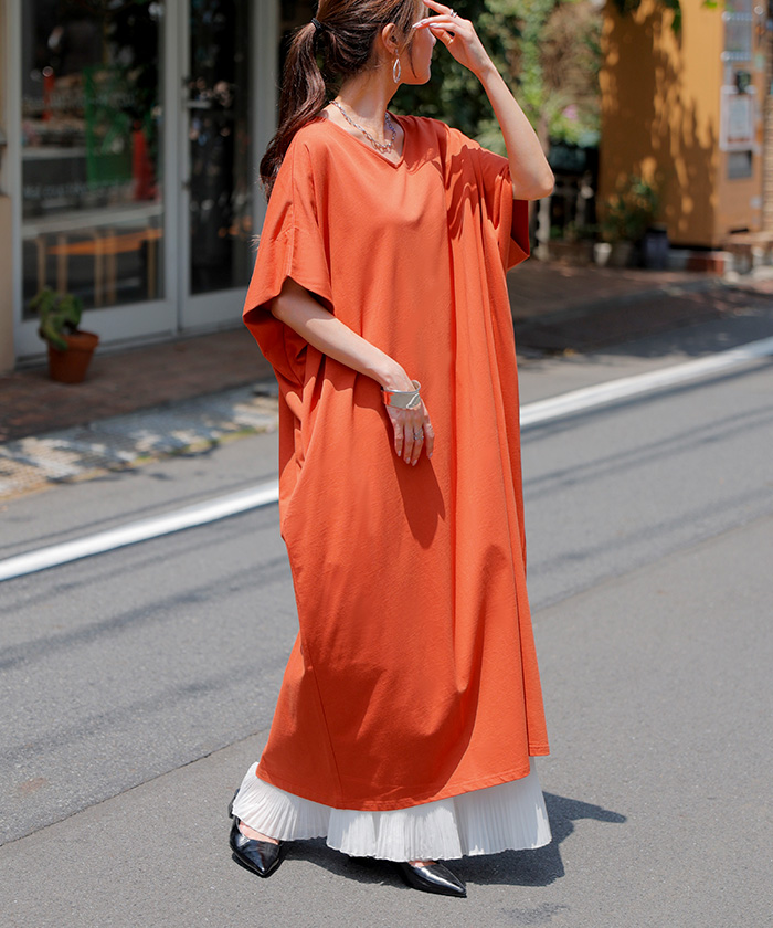 ワンピース ロング 半袖 汗ジミ 軽減 UVカット ワンピ 選べる ネック レディース 綿100％ ロングワンピース | HUG.U | 05