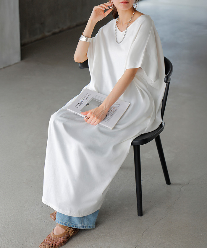 ワンピース ロング 半袖 汗ジミ 軽減 UVカット ワンピ 選べる ネック レディース 綿100％ ロングワンピース | HUG.U | 01