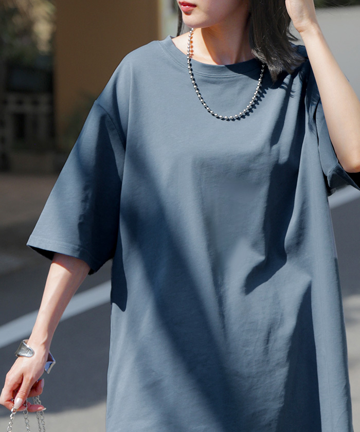 Tシャツ レディース 汗ジミ 軽減 UVカット トップス 半袖 綿100％ カットソー ロング ティーシャツ チュニック | HUG.U | 02