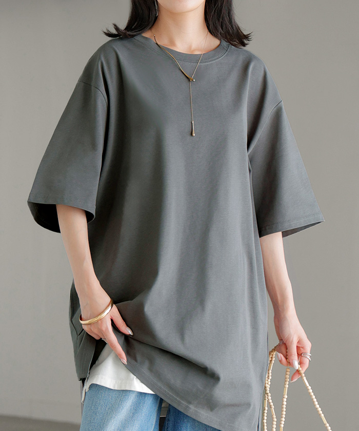 Tシャツ レディース 汗ジミ 軽減 UVカット トップス 半袖 綿100％ カットソー ロング ティーシャツ チュニック | HUG.U | 04