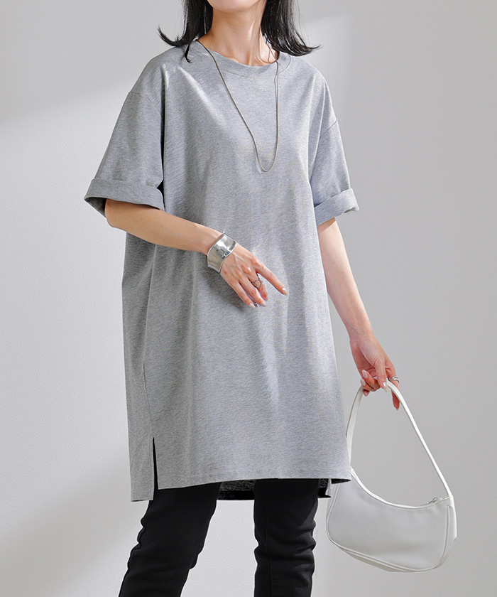 Tシャツ レディース 汗ジミ 軽減 UVカット トップス 半袖 綿100％ カットソー ロング ティーシャツ チュニック | HUG.U | 03