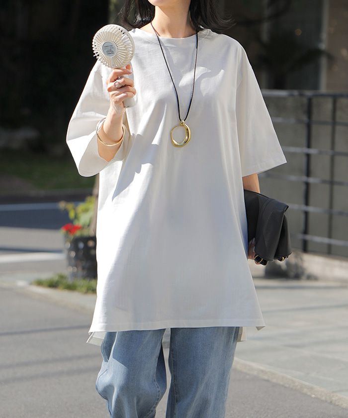 Tシャツ レディース 汗ジミ 軽減 UVカット トップス 半袖 綿100％ カットソー ロング ティーシャツ チュニック | HUG.U | 01