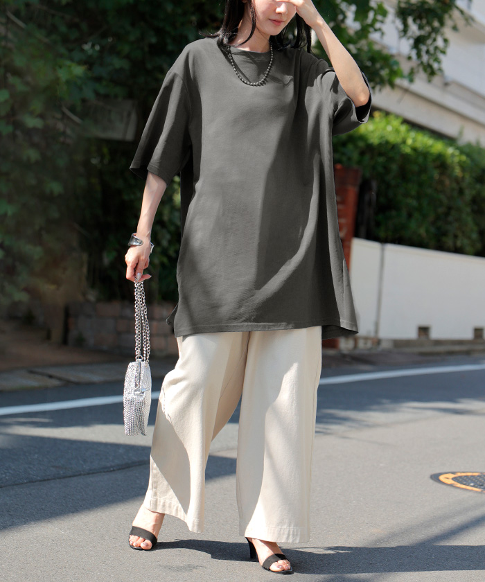 Tシャツ レディース 汗ジミ 軽減 UVカット トップス 半袖 綿100％ カットソー ロング ティーシャツ チュニック | HUG.U | 04
