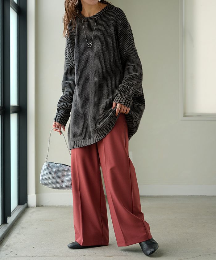 ニット 片畦編み 綿100 プルオーバー レディース ロング トップス セーター オーバー 長袖 長い ドルマン クルーネック 無地 リブ ストレッチ | HUG.U | 03