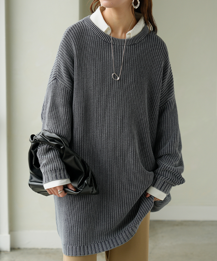 ニット 片畦編み 綿100 プルオーバー レディース ロング トップス セーター オーバー 長袖 長い ドルマン クルーネック 無地 リブ ストレッチ | HUG.U | 01