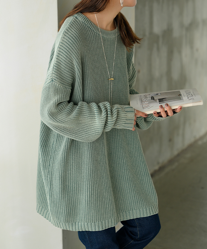 ニット 片畦編み 綿100 プルオーバー レディース ロング トップス セーター オーバー 長袖 長い ドルマン クルーネック 無地 リブ ストレッチ | HUG.U | 02