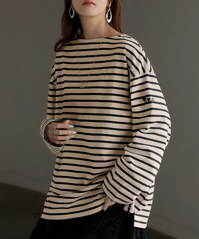 カットソー ロンT ボーダー 刺繍 レディース トップス 長袖 Tシャツ 綿100 ロング チュニック バスク ティーシャツ ビッグ プラスサイズ ボートネック | HUG.U | 03