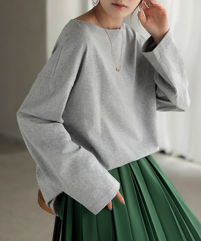 カットソー ロンT ボーダー 刺繍 レディース トップス 長袖 Tシャツ 綿100 ロング チュニック バスク ティーシャツ ビッグ プラスサイズ ボートネック | HUG.U | 06