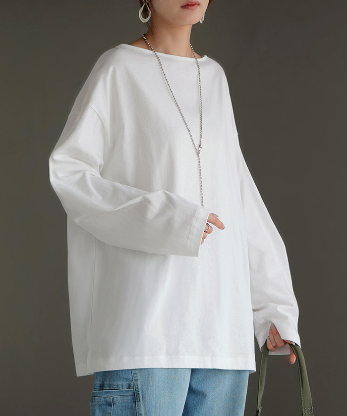 カットソー ロンT ボーダー 刺繍 レディース トップス 長袖 Tシャツ 綿100 ロング チュニック バスク ティーシャツ ビッグ プラスサイズ ボートネック | HUG.U | 05