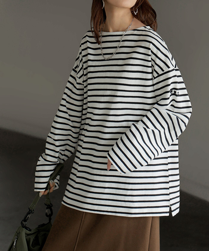 カットソー ロンT ボーダー 刺繍 レディース トップス 長袖 Tシャツ 綿100 ロング チュニック バスク ティーシャツ ビッグ プラスサイズ ボートネック | HUG.U | 01