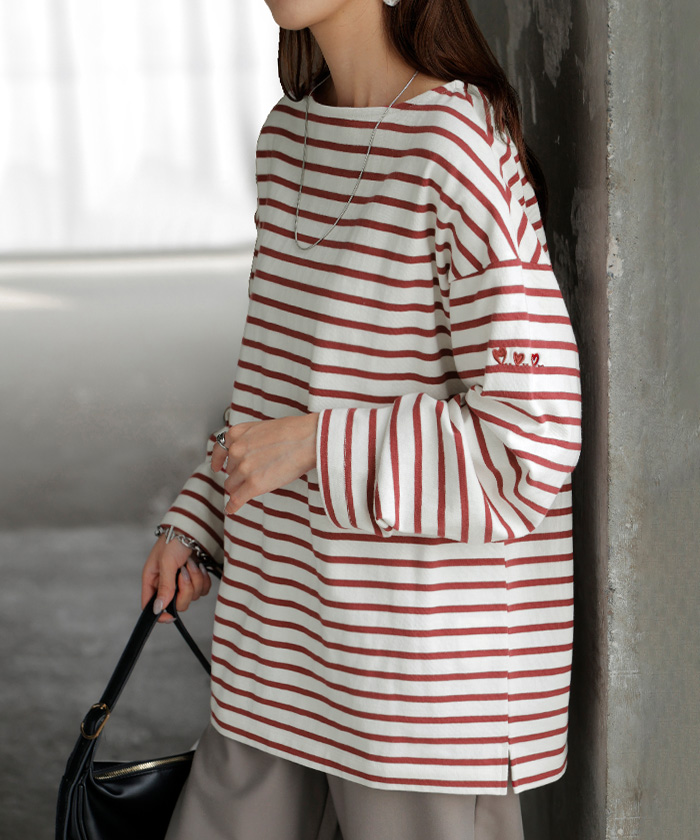 カットソー ロンT ボーダー 刺繍 レディース トップス 長袖 Tシャツ 綿100 ロング チュニック バスク ティーシャツ ビッグ プラスサイズ ボートネック | HUG.U | 02