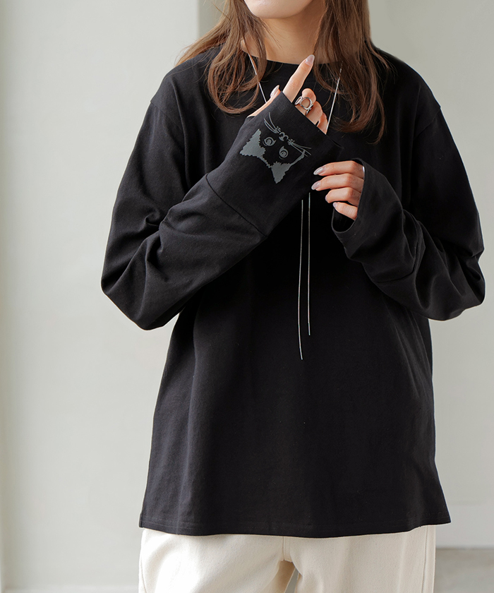 カットソー ロンT 袖 猫 プリント トップス 長袖 Tシャツ レディース ロング ティーシャツ 綿100％ クルーネック 長い インナー レイヤード | HUG.U | 04