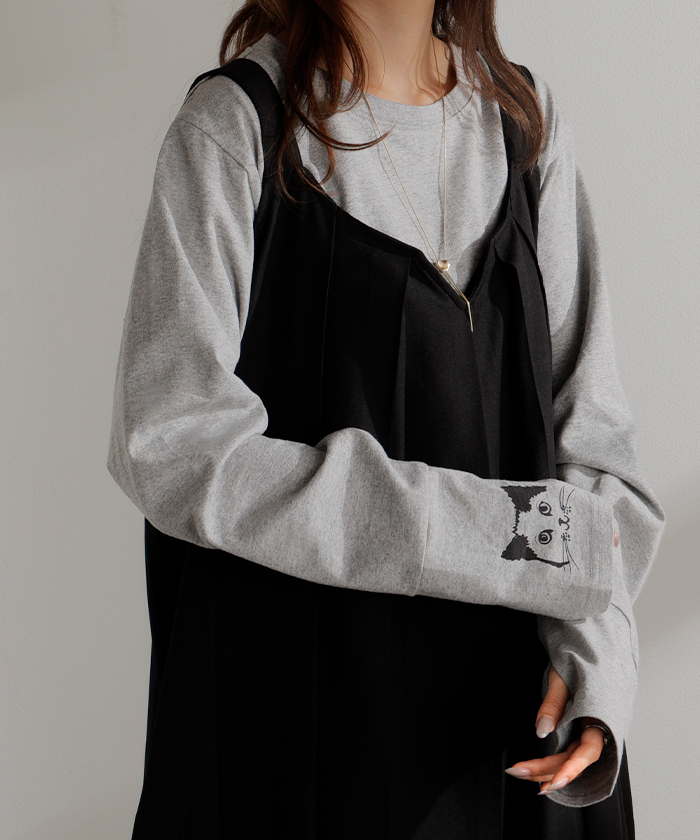 カットソー ロンT 袖 猫 プリント トップス 長袖 Tシャツ レディース ロング ティーシャツ 綿100％ クルーネック 長い インナー レイヤード | HUG.U | 02