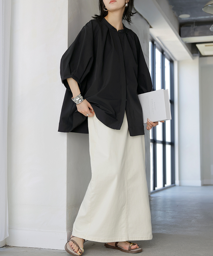 シャツ ぽわん袖 レディース 長袖 ブラウス トップス シワになりにくい 軽い 型崩れしにくい 体型カバー 前開き ノーカラー 比翼仕立て ラグラン 大きいサイズ | HUG.U | 02