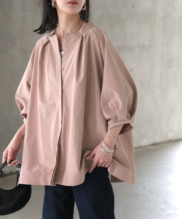 シャツ ぽわん袖 レディース 長袖 ブラウス トップス シワになりにくい 軽い 型崩れしにくい 体型カバー 前開き ノーカラー 比翼仕立て ラグラン 大きいサイズ | HUG.U | 03
