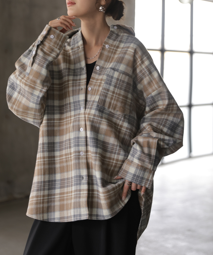 シャツ 綿100％ ネルシャツ チェック レディース ブラウス トップス ロング ロングシャツ チュニック 長袖 総柄 羽織 ライトアウター | HUG.U | 05