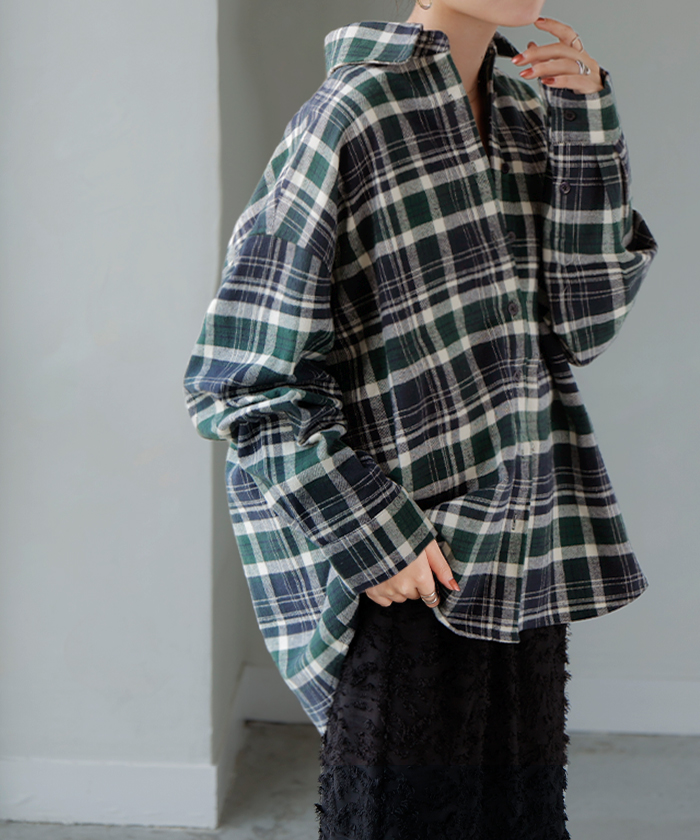 シャツ 綿100％ ネルシャツ チェック レディース ブラウス トップス ロング ロングシャツ チュニック 長袖 総柄 羽織 ライトアウター | HUG.U | 02