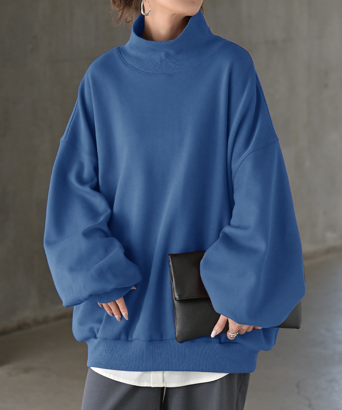 スウェット 特暖 裏シャギー タートルネック レディース トップス ロング 裏起毛 プルオーバー ハイネック 長袖 ボリュームスリーブ | HUG.U | 03
