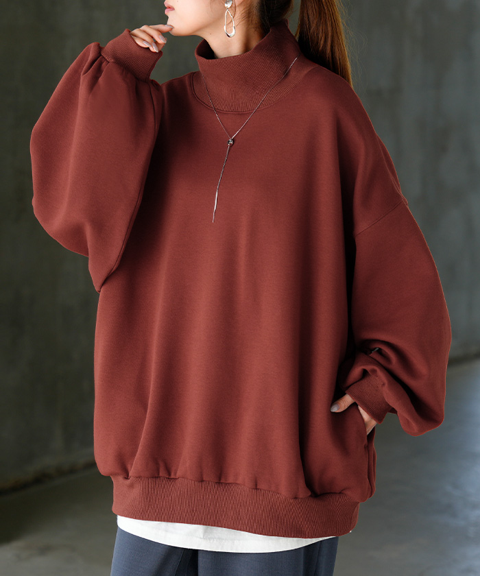 スウェット 特暖 裏シャギー タートルネック レディース トップス ロング 裏起毛 プルオーバー ハイネック 長袖 ボリュームスリーブ | HUG.U | 01