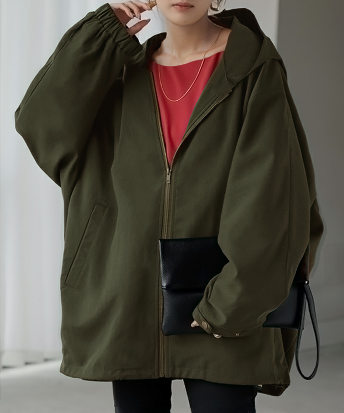 ジャケット ロング ドルマン レディース アウター トップス オーバー お尻が隠れる ジャンパー コート 無地 長袖 Vネック ライトアウター | HUG.U | 01