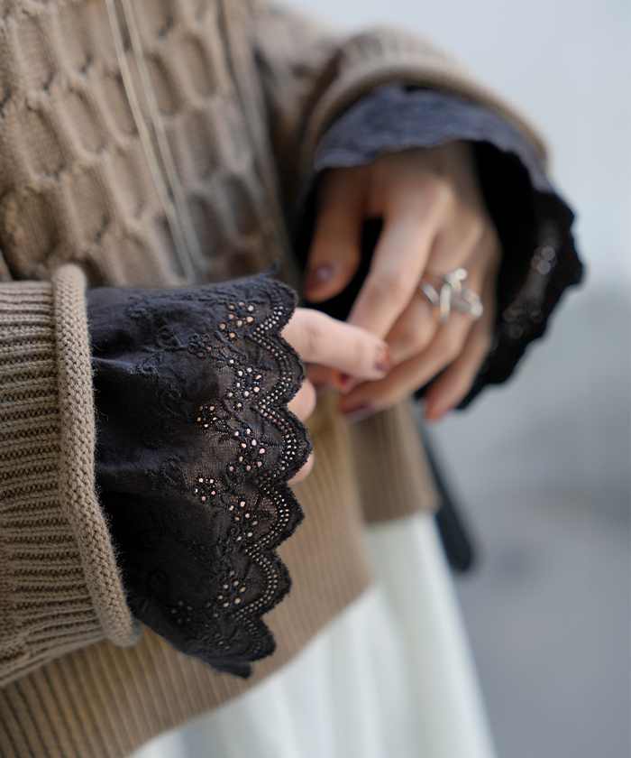 つけ袖 レース 綿100 レディース フリル 刺繍 レイヤード ブラウス 重ね 付け袖 肌隠し シャーリングゴム 軽量 ストレッチ フレア袖 ベル袖 刺繍レース | HUG.U | 02