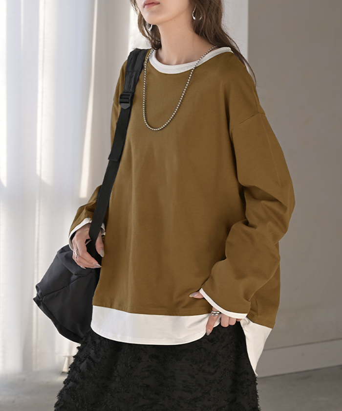 ロンT レイヤード 風 綿100 レディース Tシャツ トップス 長袖 カットソー ロング ティーシャツ チュニック ビッグ クルーネック 長い ドルマン | HUG.U | 01