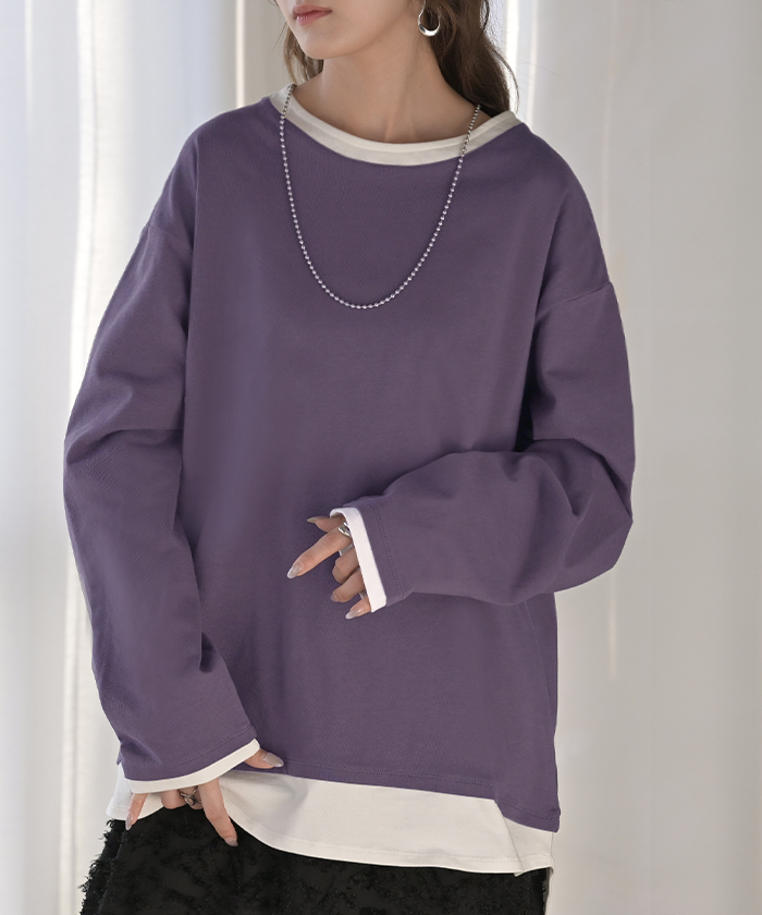 ロンT レイヤード 風 綿100 レディース Tシャツ トップス 長袖 カットソー ロング ティーシャツ チュニック ビッグ クルーネック 長い ドルマン | HUG.U | 03