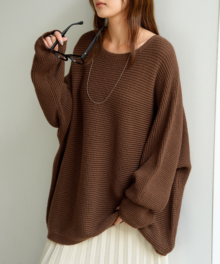 ニット ワッフル プルオーバー レディース トップス セーター ロング オーバー バルキー 長袖 クルーネック ボートネック リブ チュニック ドルマン ゆったり | HUG.U | 02