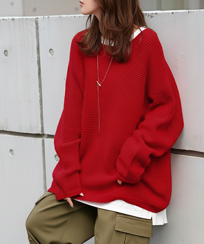 ニット ワッフル プルオーバー レディース トップス セーター ロング オーバー バルキー 長袖 クルーネック ボートネック リブ チュニック ドルマン ゆったり | HUG.U | 01