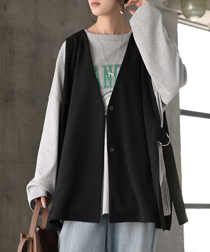 ジレ ロング 深V レディース トップス ベスト アウター ノーカラー Vネック ロングジレ ノースリーブ サイドベルト レイヤード ストレッチ | HUG.U | 03