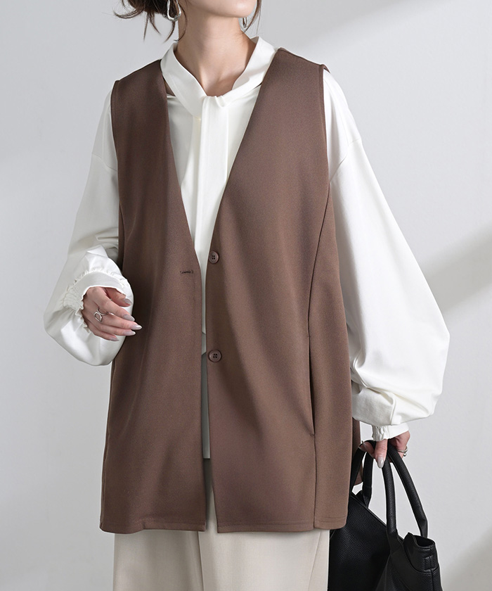 ジレ ロング 深V レディース トップス ベスト アウター ノーカラー Vネック ロングジレ ノースリーブ サイドベルト レイヤード ストレッチ | HUG.U | 02