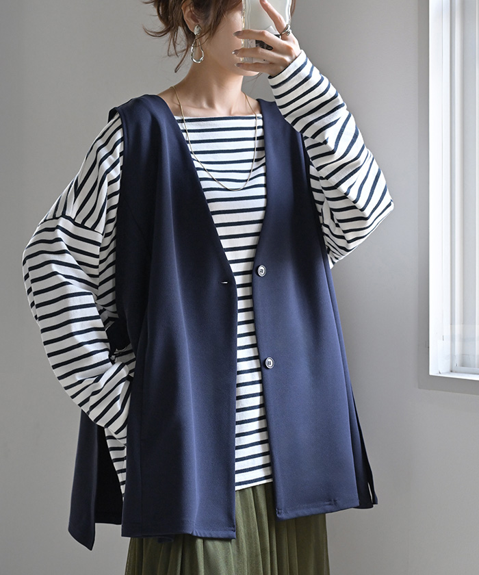 ジレ ロング 深V レディース トップス ベスト アウター ノーカラー Vネック ロングジレ ノースリーブ サイドベルト レイヤード ストレッチ | HUG.U | 01