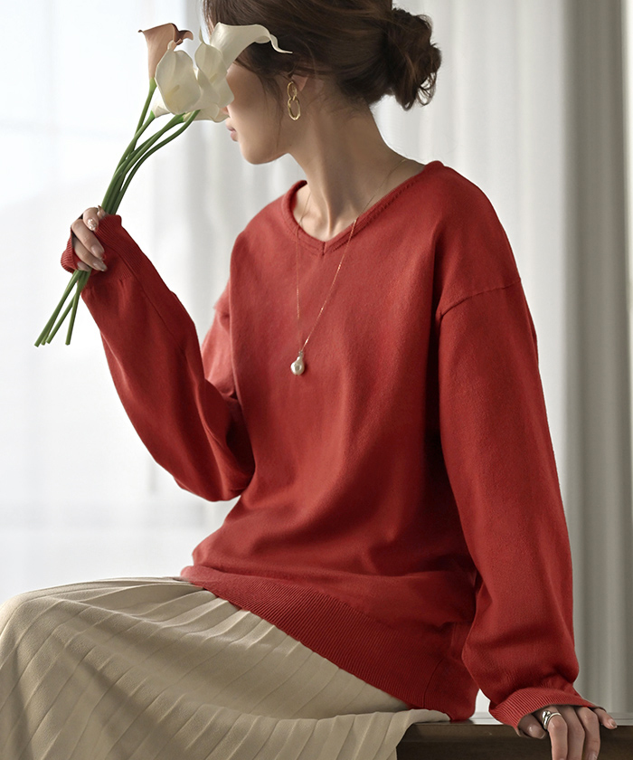 ニット カシミヤタッチ 選べる 3ネック レディース トップス ロング セーター オーバー プルオーバー 長袖 長い ボートネック Vネック | HUG.U | 05